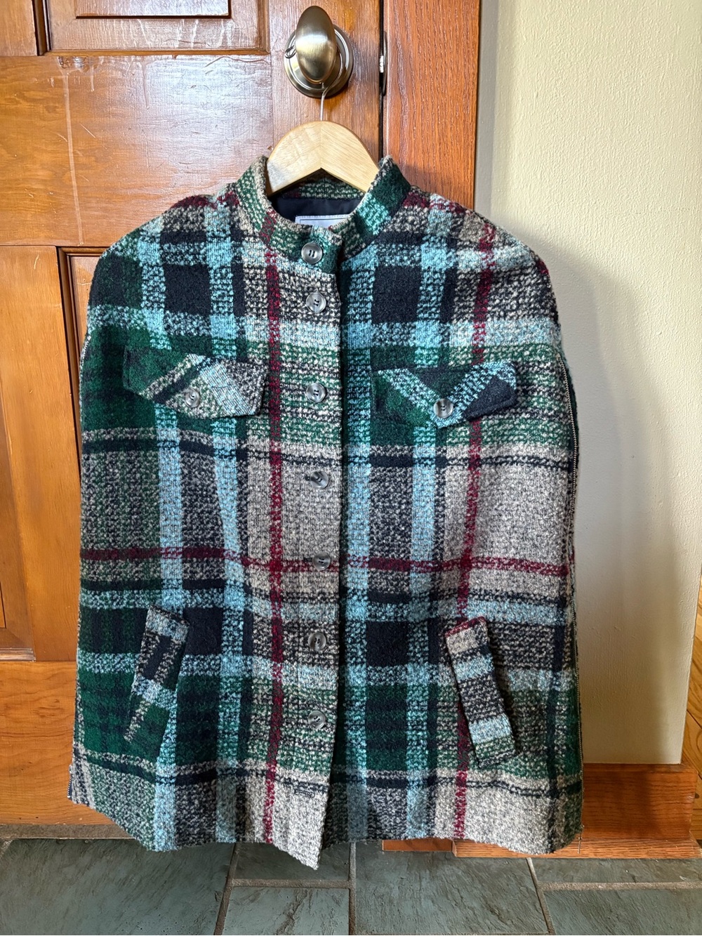 Plaid Wool-Blend Cape Coat in Green and Gray